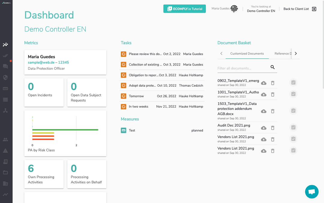 ECOMPLY data protection dashboard showing processing activities overview