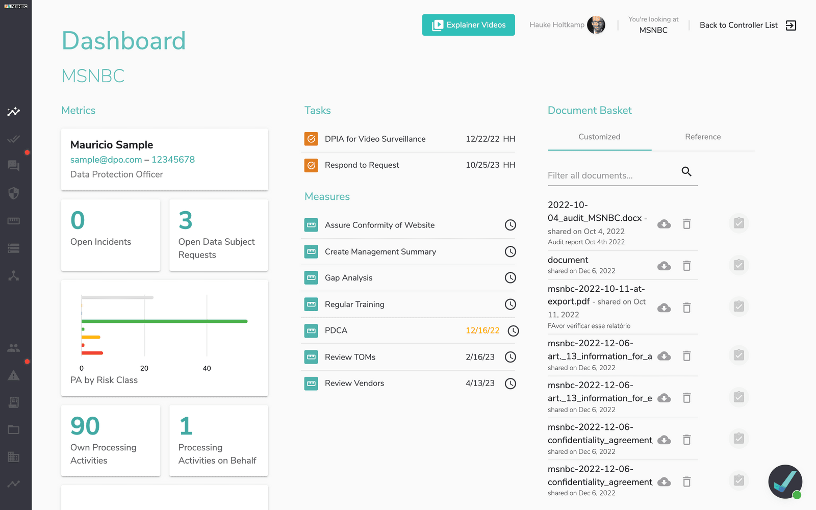 ECOMPLY application screenshot showing the data protection management dashboard